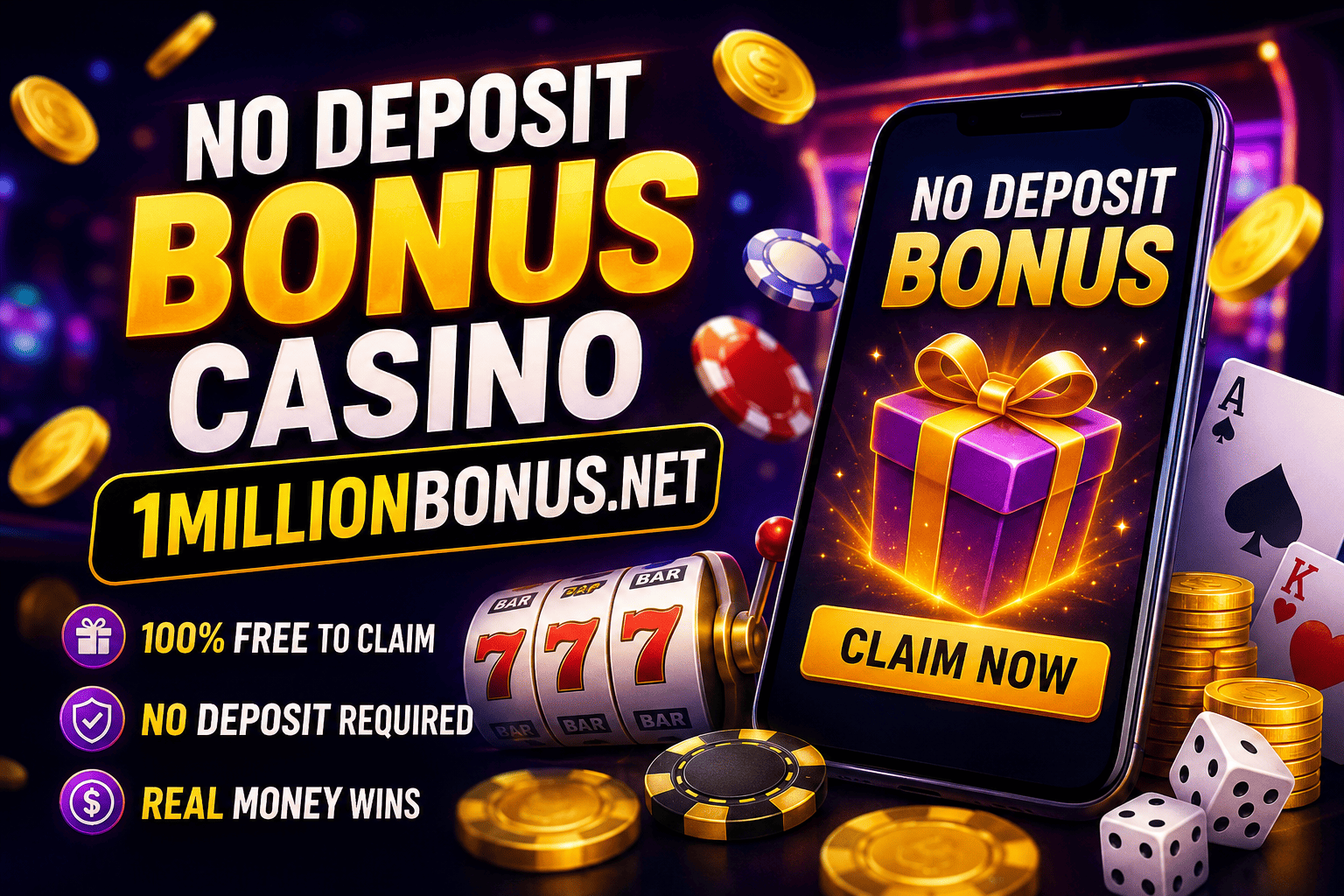 No deposit bonus casino 1millionbonus.net featured image showing free casino bonus offer, casino chips, slot machine, and no deposit gaming rewards