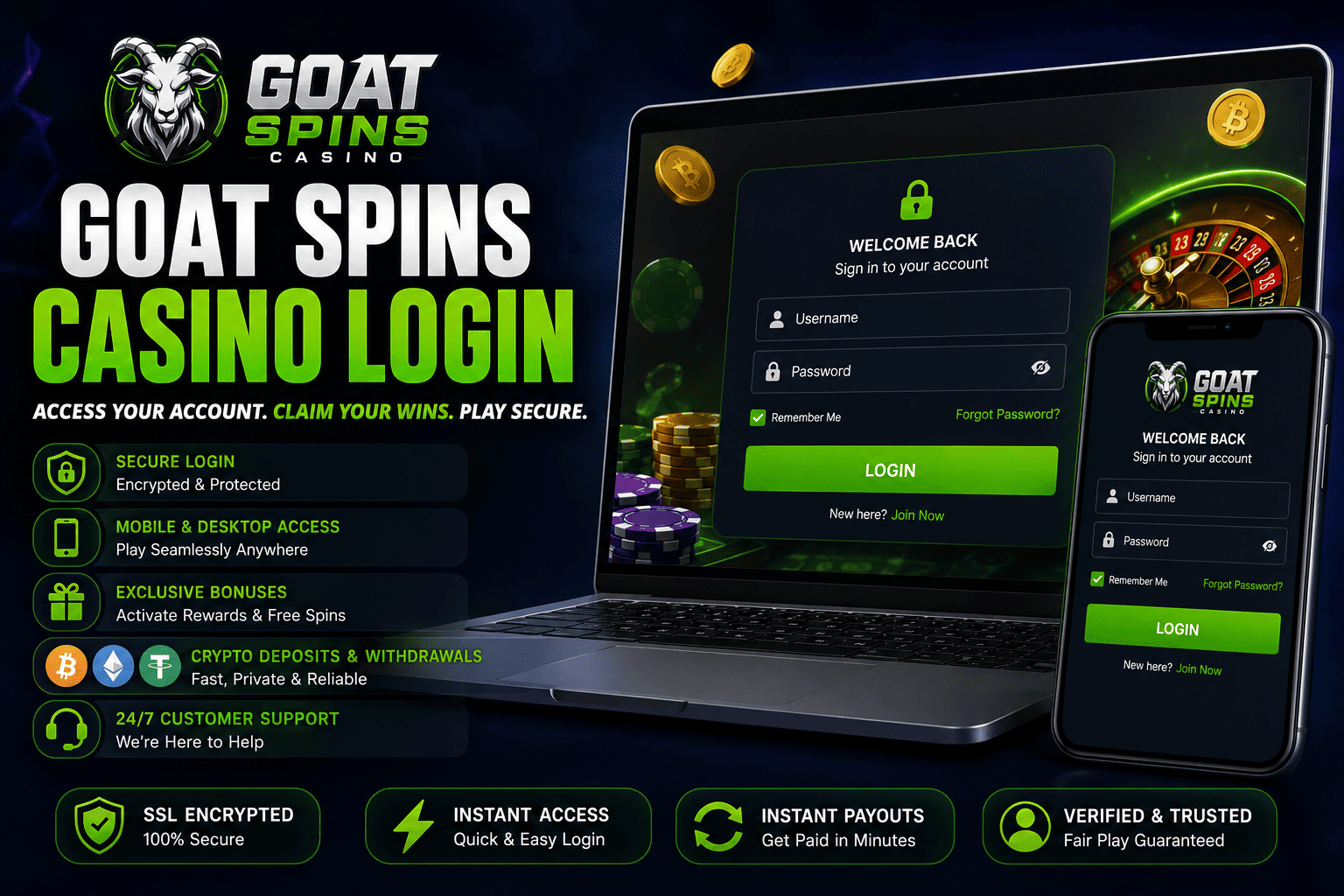 Goat Spins Casino Login guide showing secure account access, mobile and desktop login, crypto deposits, instant withdrawals, and account security features.