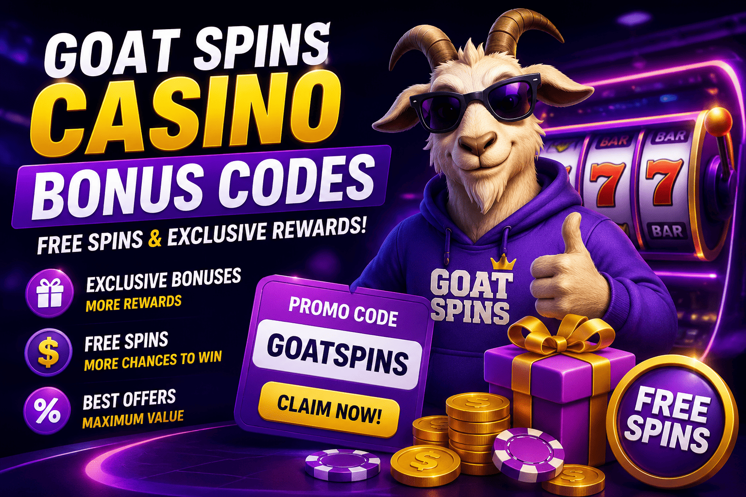 Goat Spins Casino Bonus Codes featuring free spins, promo rewards, bonus offers, and casino promotions