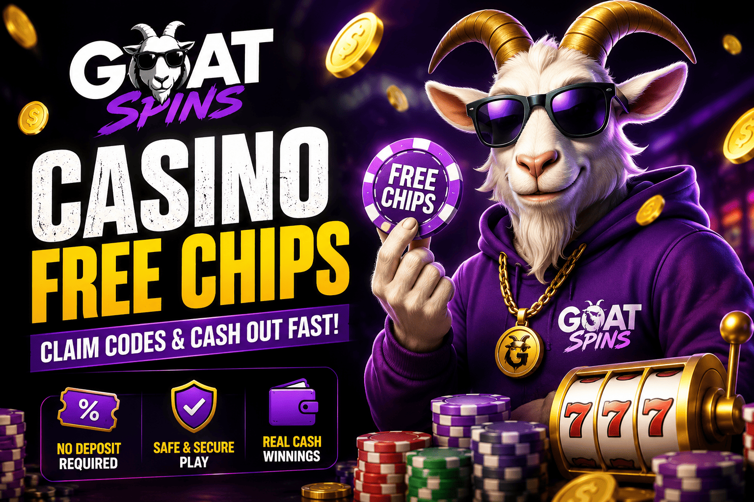 Goat Spins Casino free chips guide showing bonus codes, free chip rewards, slot games, and cashout opportunities for new players