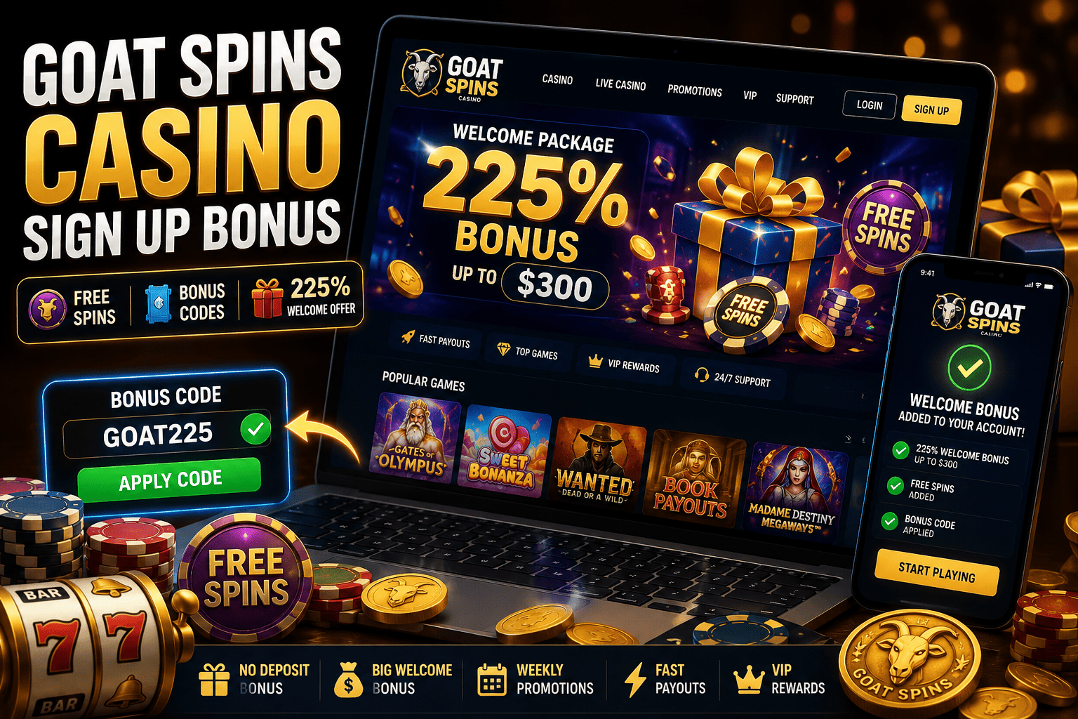 Goat Spins Casino sign up bonus featuring free spins, bonus code, 225% welcome offer, casino rewards, and online registration dashboard