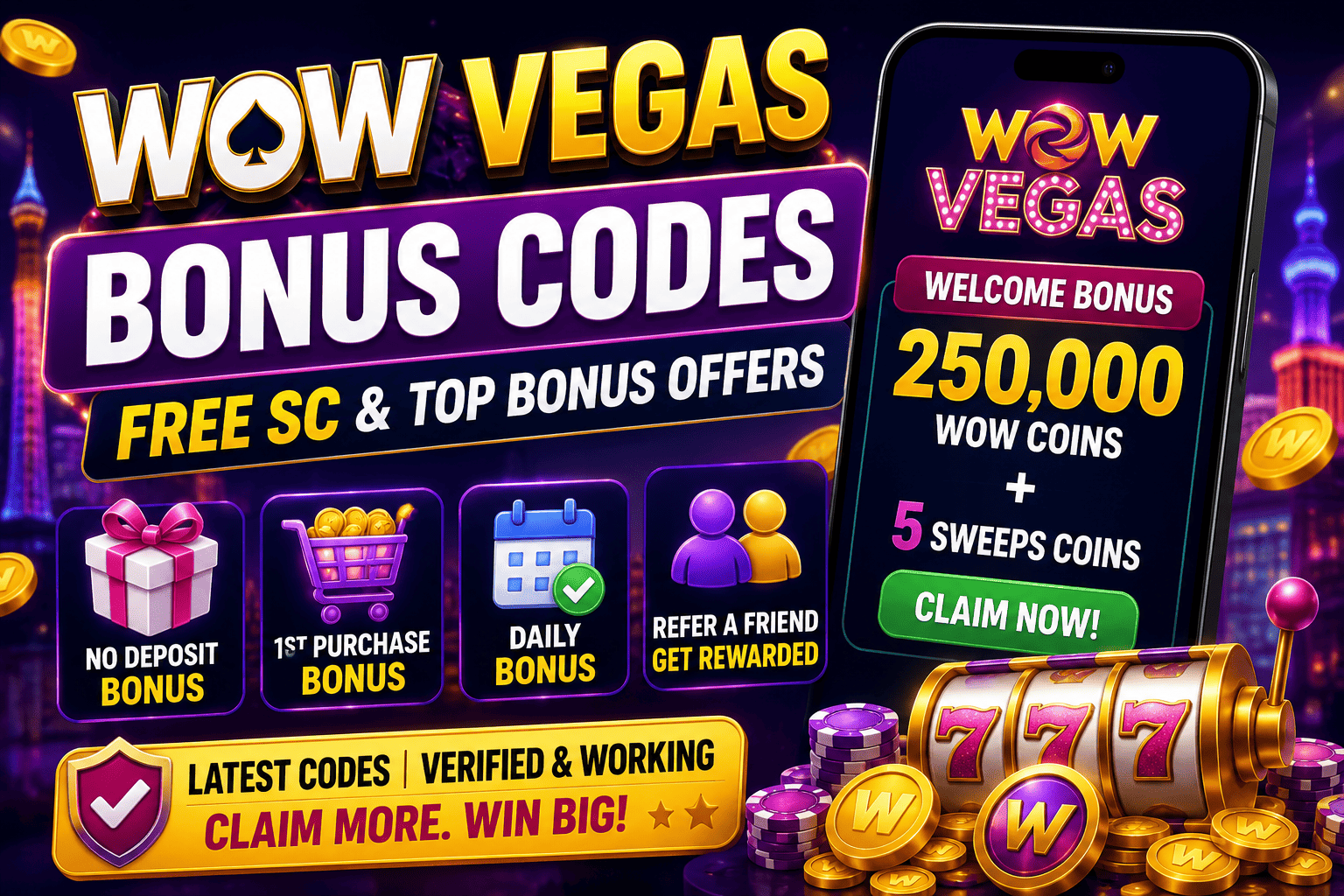 WOW Vegas Bonus Codes featured image showing free SC rewards, welcome bonus, latest promo offers, and bonus deals