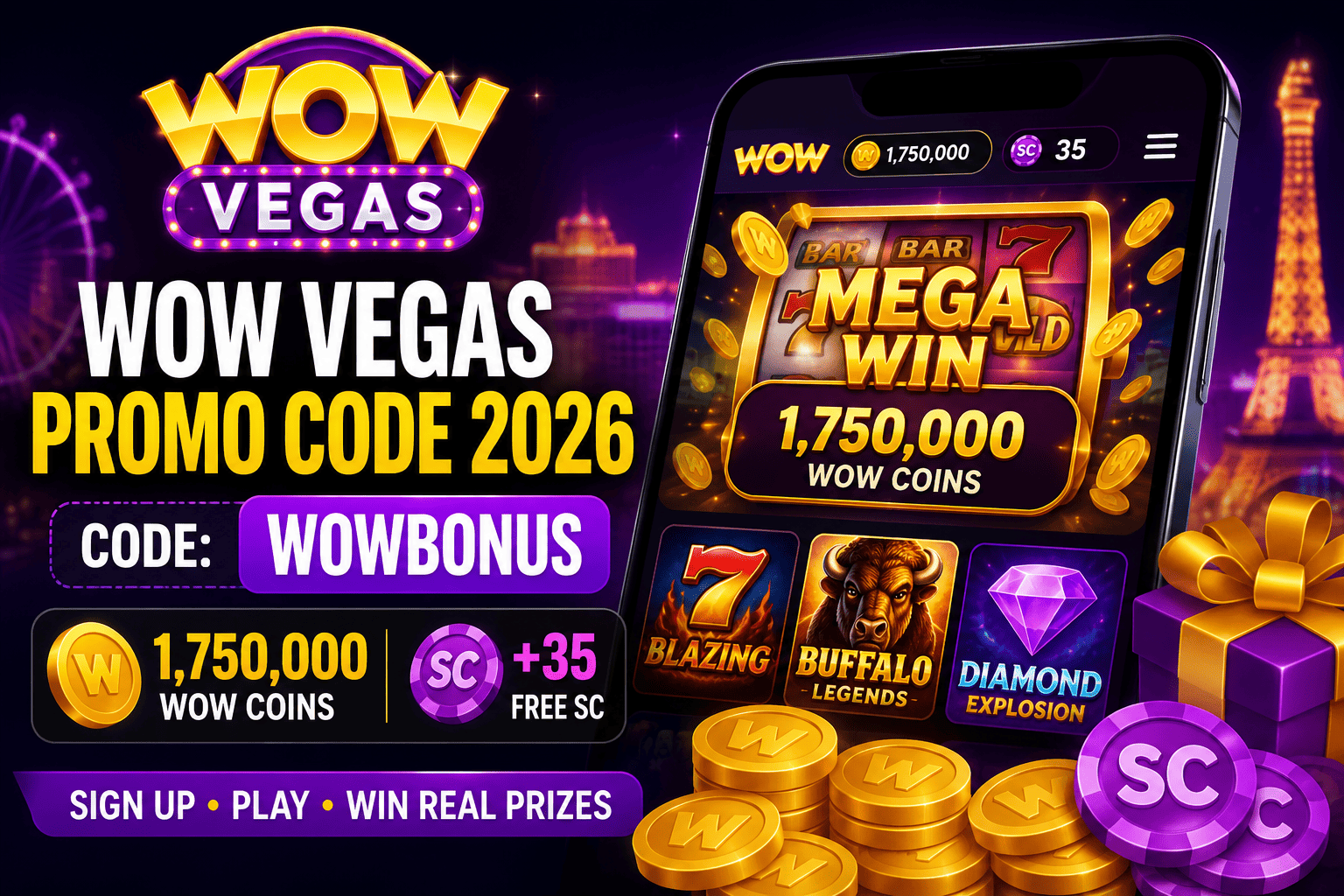 WOW Vegas Promo Code 2026 banner showing WOWBONUS with 1,750,000 WOW Coins and 35 Free SC welcome bonus