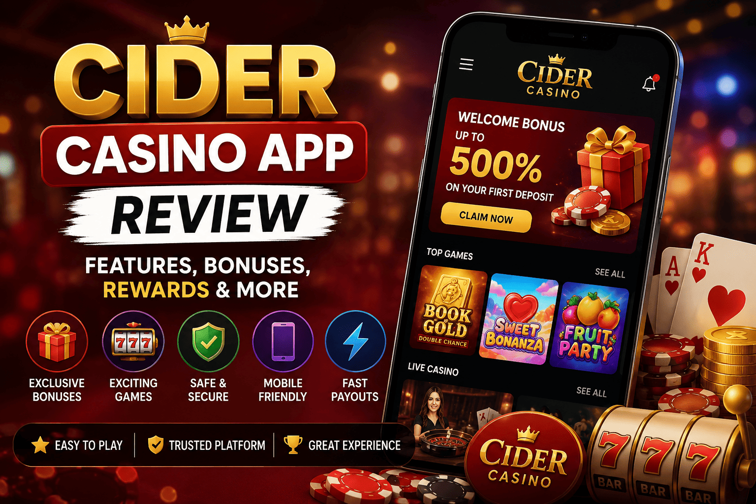 Cider Casino App review showcasing mobile casino games, welcome bonuses, rewards, security features, and fast payout options