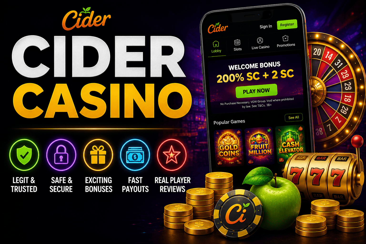 Cider Casino featured image showing bonuses, payouts, games, safety features, and player reviews