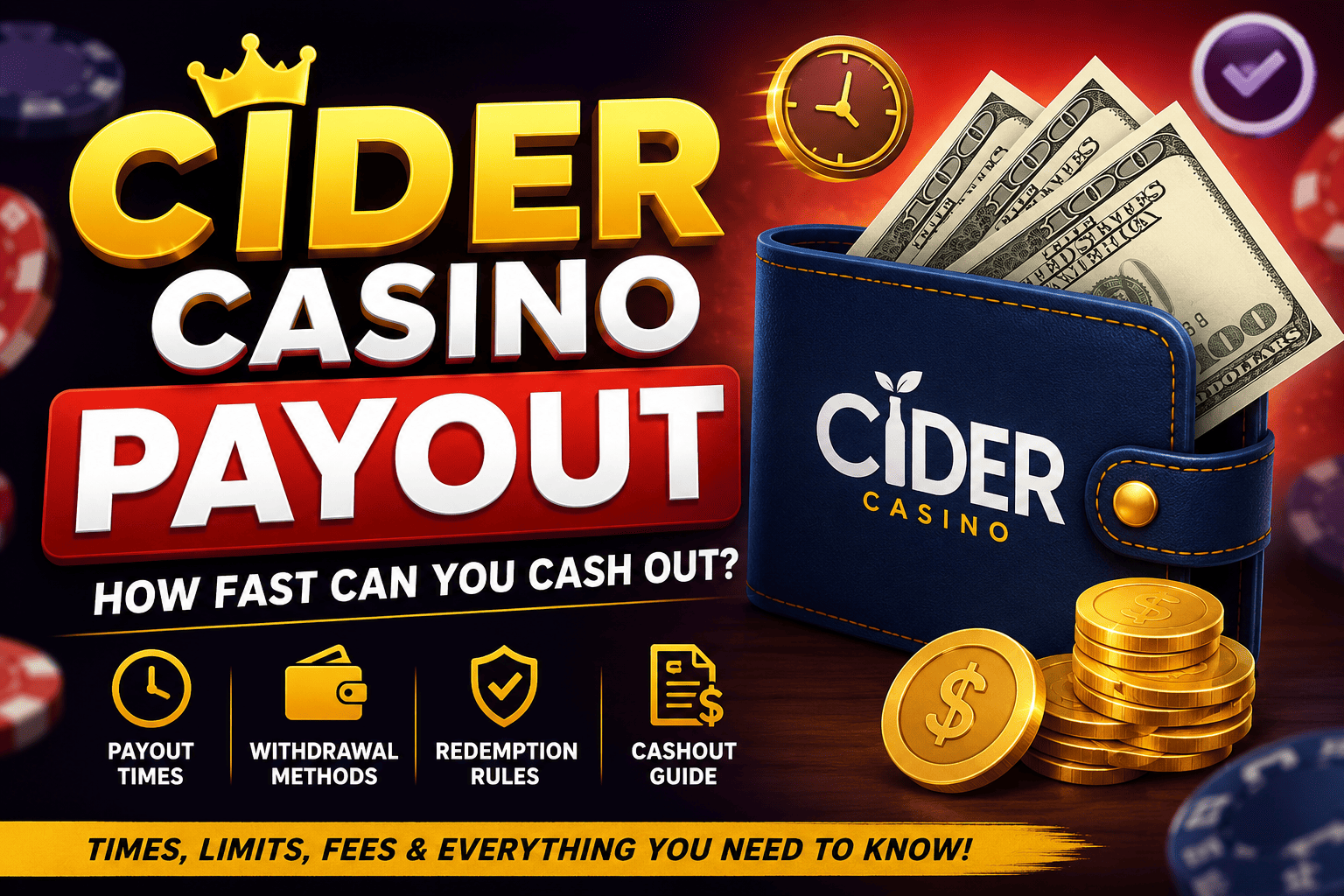 Cider Casino payout infographic featuring withdrawal times, cashout methods, redemption process, and payout rules.