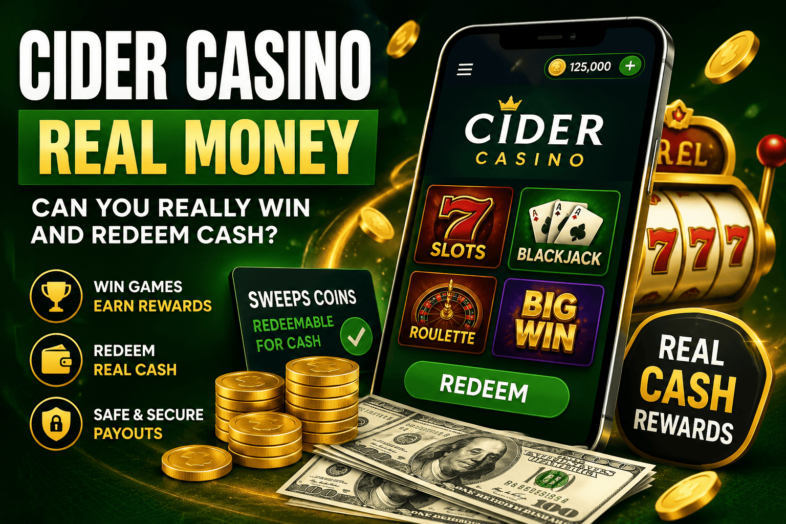Learn how Cider Casino real money rewards work, including Sweeps Coins, eligibility requirements, and cash redemption options.