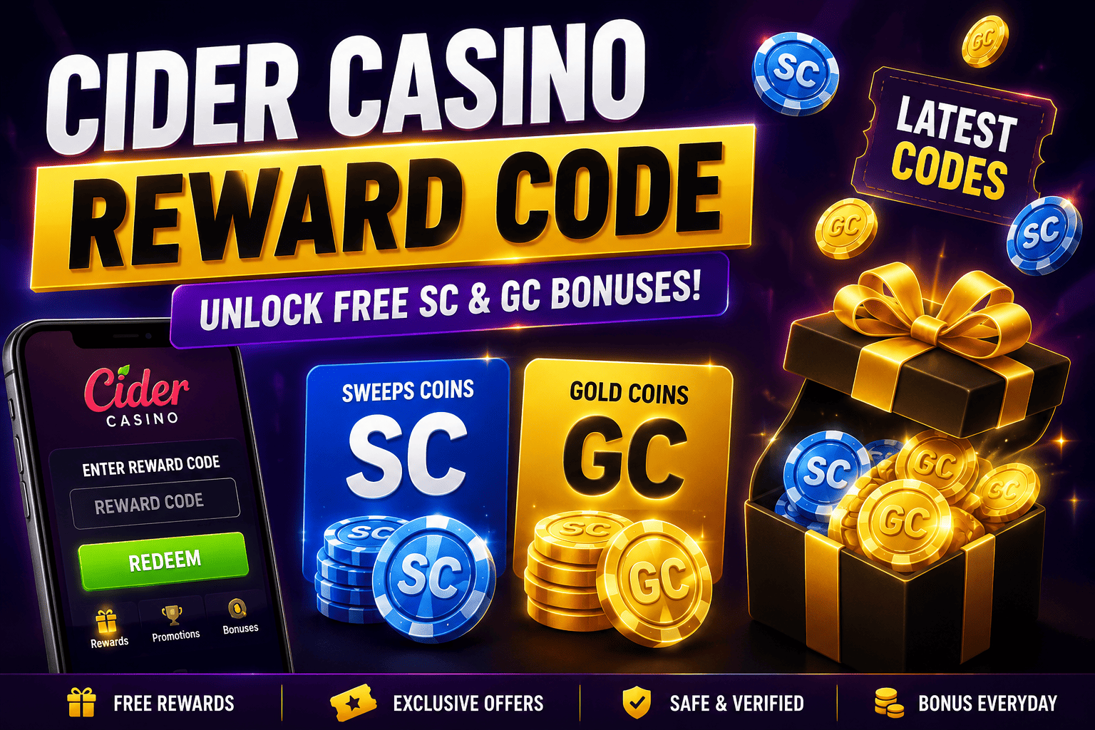Latest Cider Casino reward code promotion with free Sweeps Coins, Gold Coins, bonus rewards, and verified casino offers