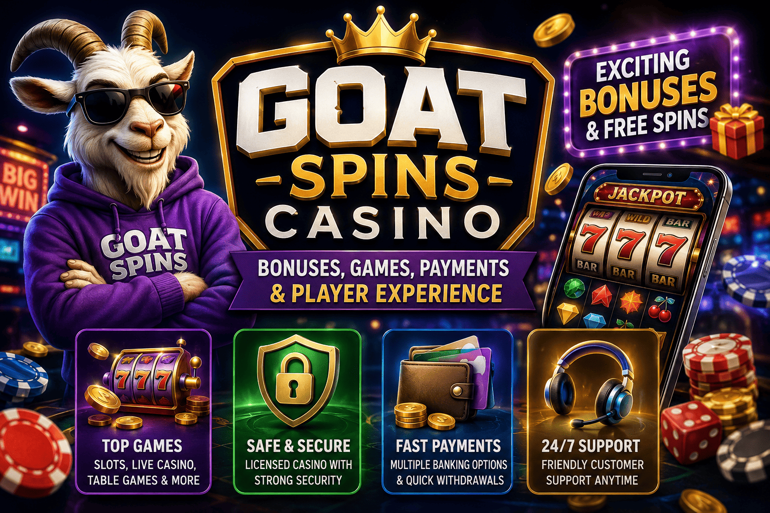 Goat Spins Casino feature image showing bonuses, games, secure payments, mobile play, and player rewards