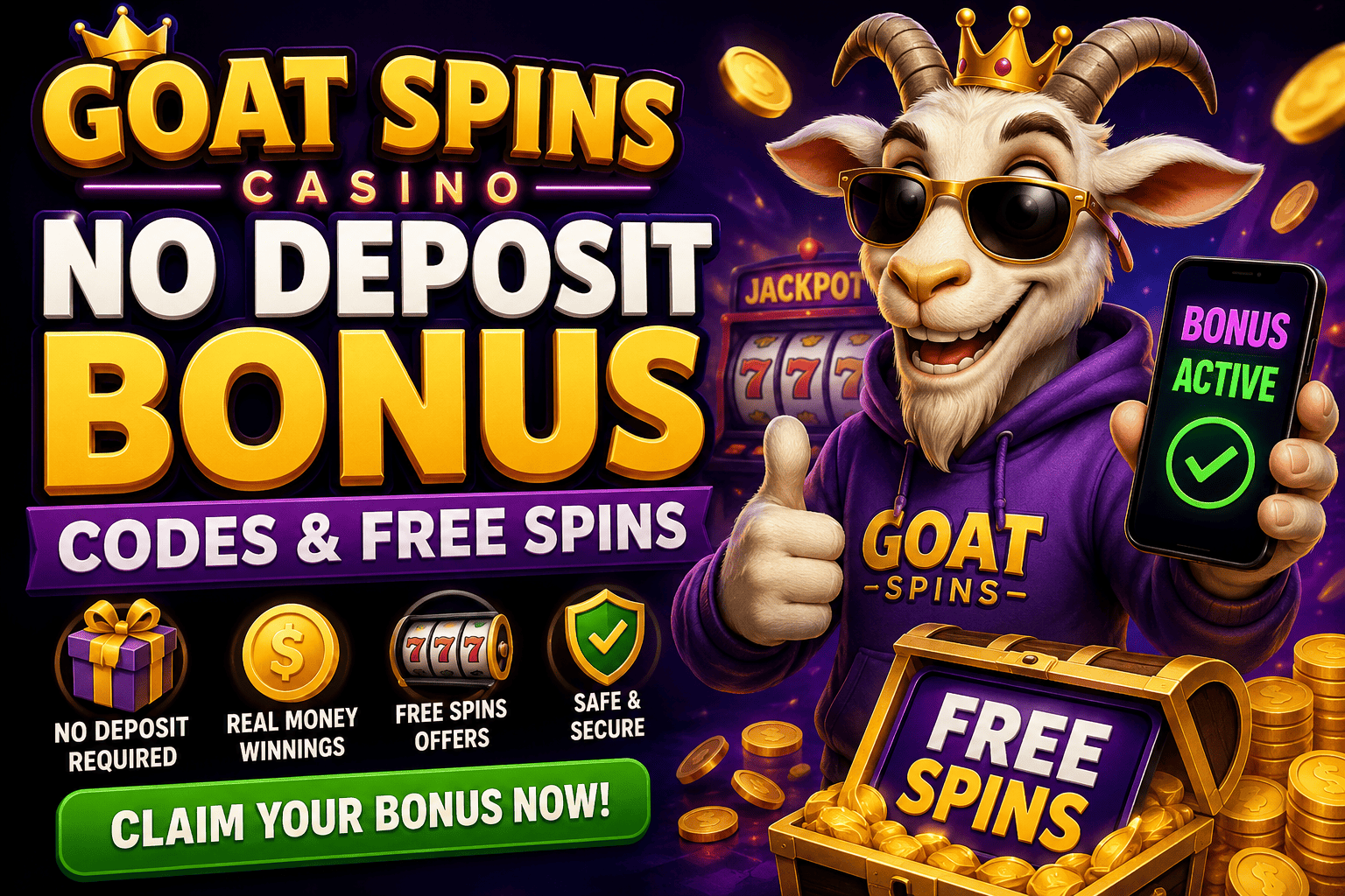 Goat Spins Casino No Deposit Bonus banner showing free spins, bonus codes, rewards, and casino offers