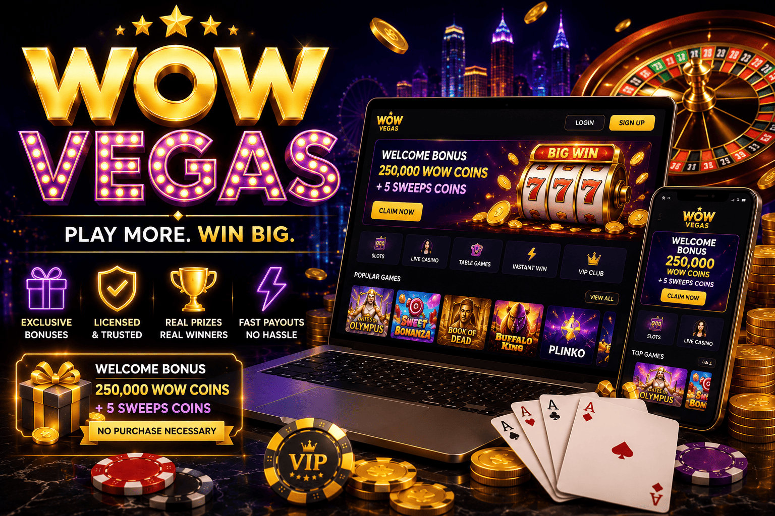 WOW Vegas featured image showcasing welcome bonus, casino games, rewards and trusted sweepstakes experience