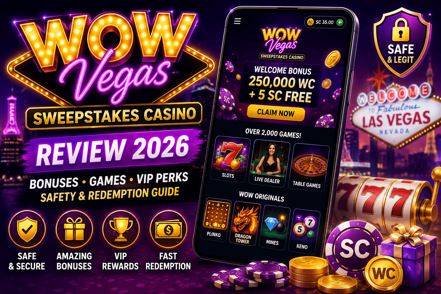 WOW Vegas Sweepstakes Casino review featuring huge bonuses, 2,000+ games, VIP rewards, and safe redemptions