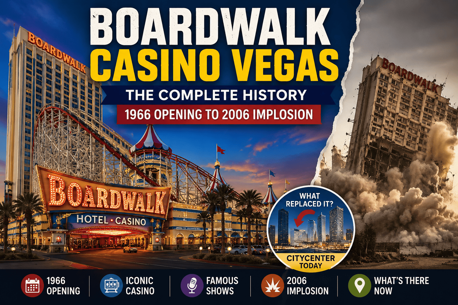 Boardwalk Casino Vegas history from its colorful Strip glory to the dramatic 2006 implosion and final legacy