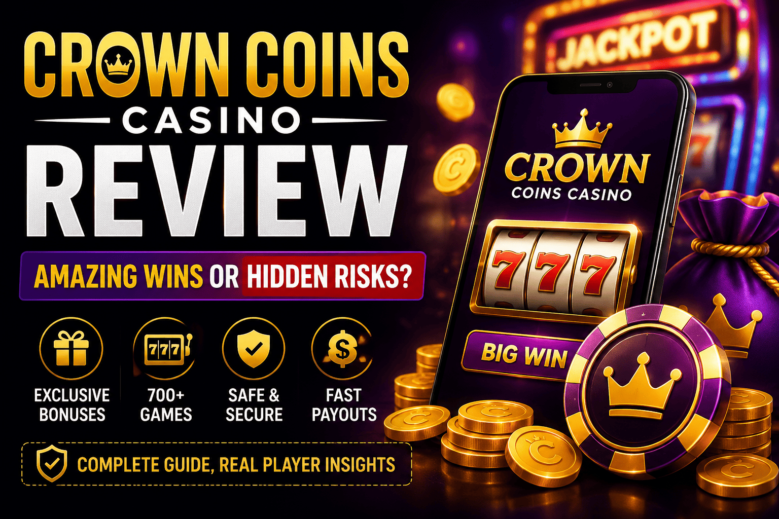 Crown Coins Casino review featuring welcome bonuses, slots, fast payouts, secure gameplay, and exclusive rewards