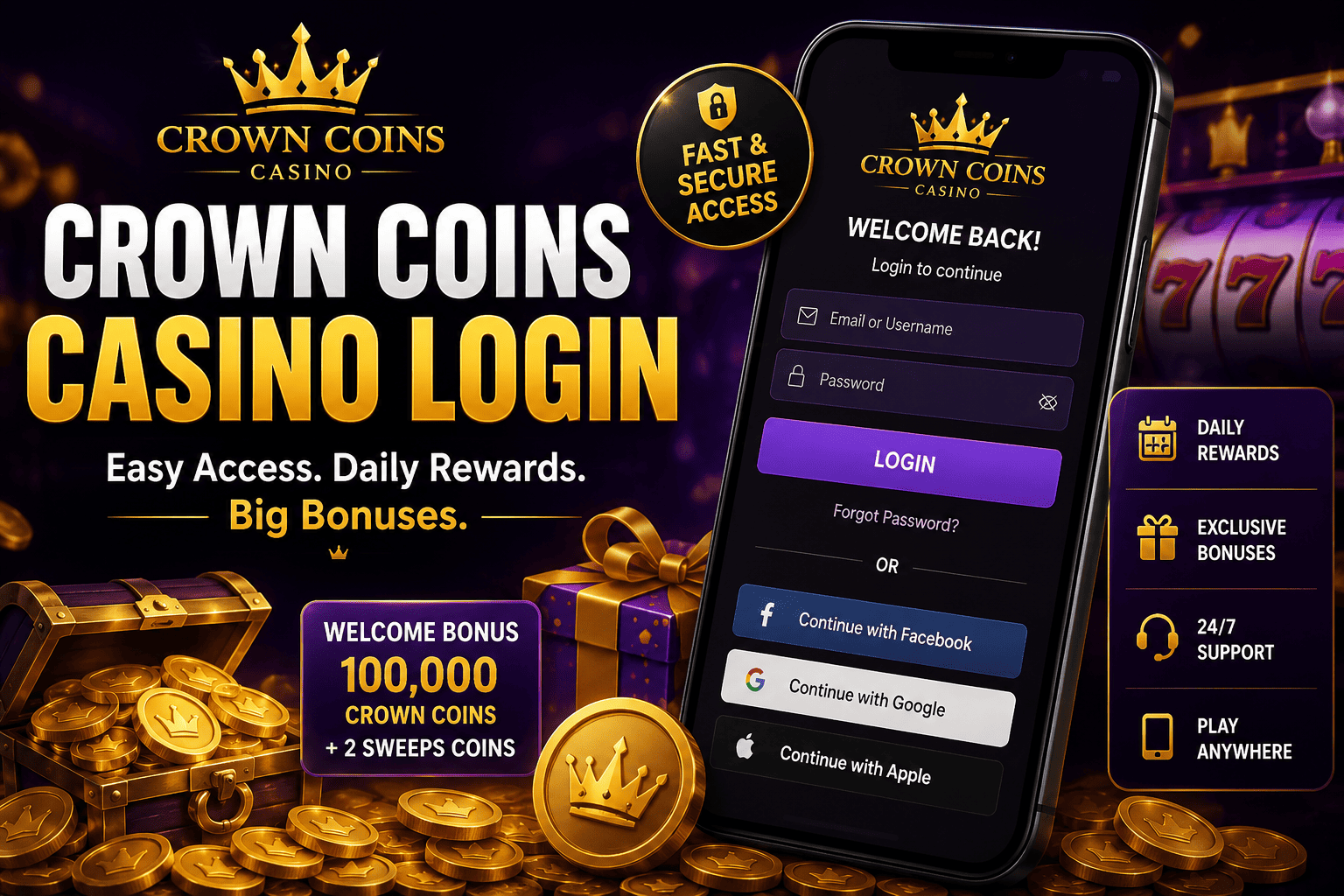 Crown Coins Casino Login guide with secure access, daily rewards, welcome bonuses, and quick login support