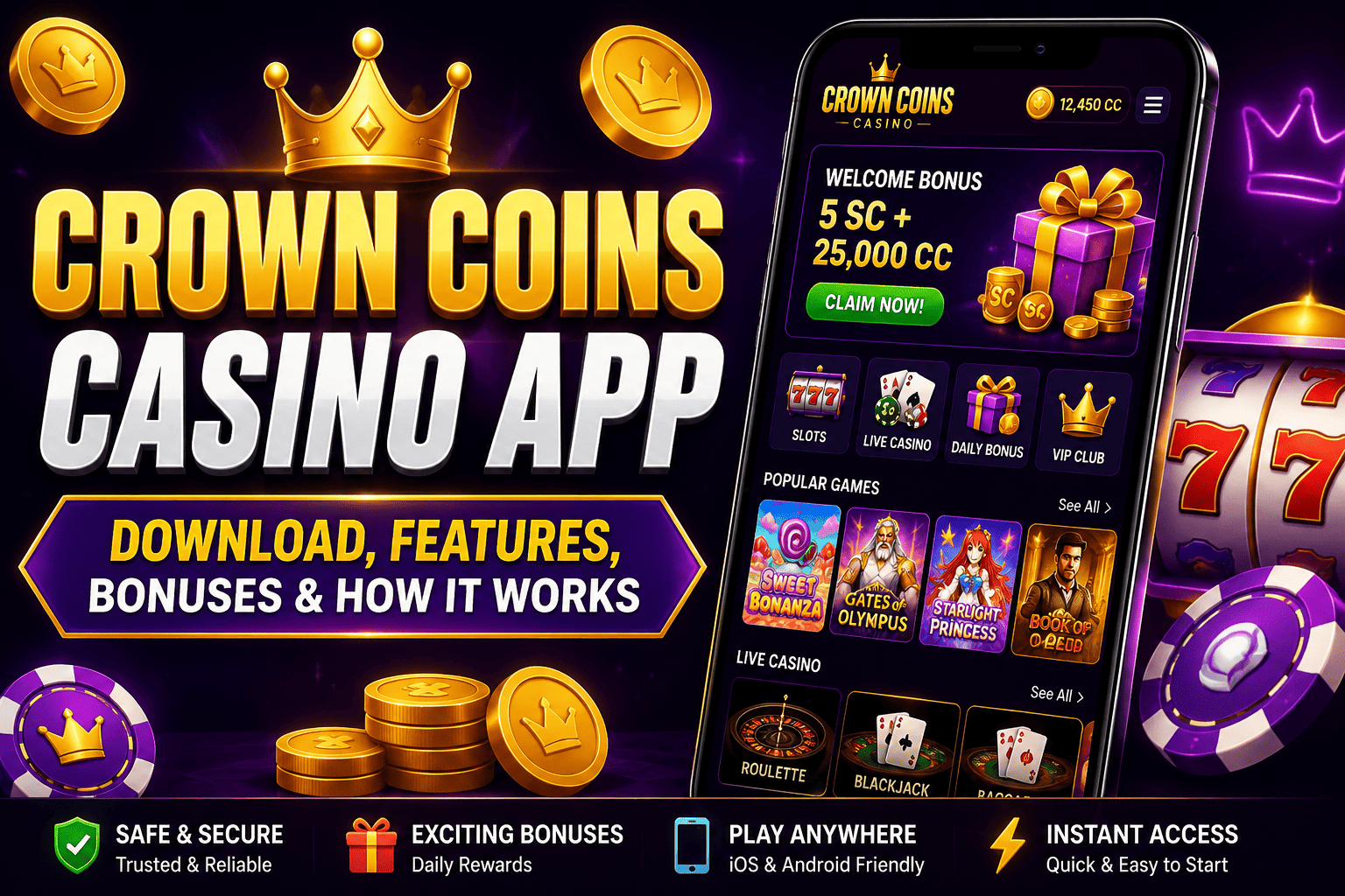 Crown Coins Casino App showing mobile download features, bonuses, games, rewards, and secure casino gameplay experience