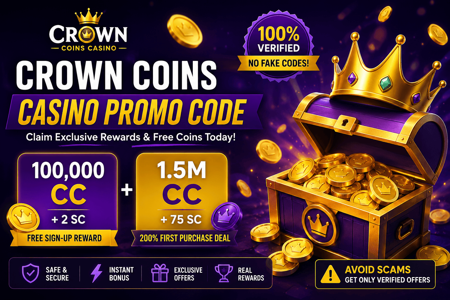 Crown Coins Casino Promo Code banner showing free coins, welcome bonus, verified rewards, and exclusive signup offers.