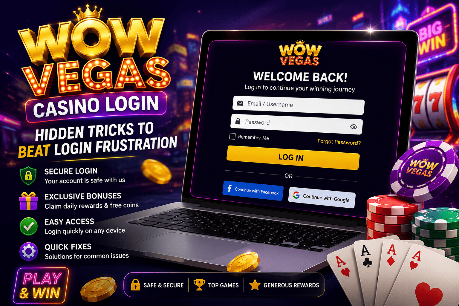 WOW Vegas Casino Login guide showing secure sign in, daily bonuses, password recovery, and easy account access