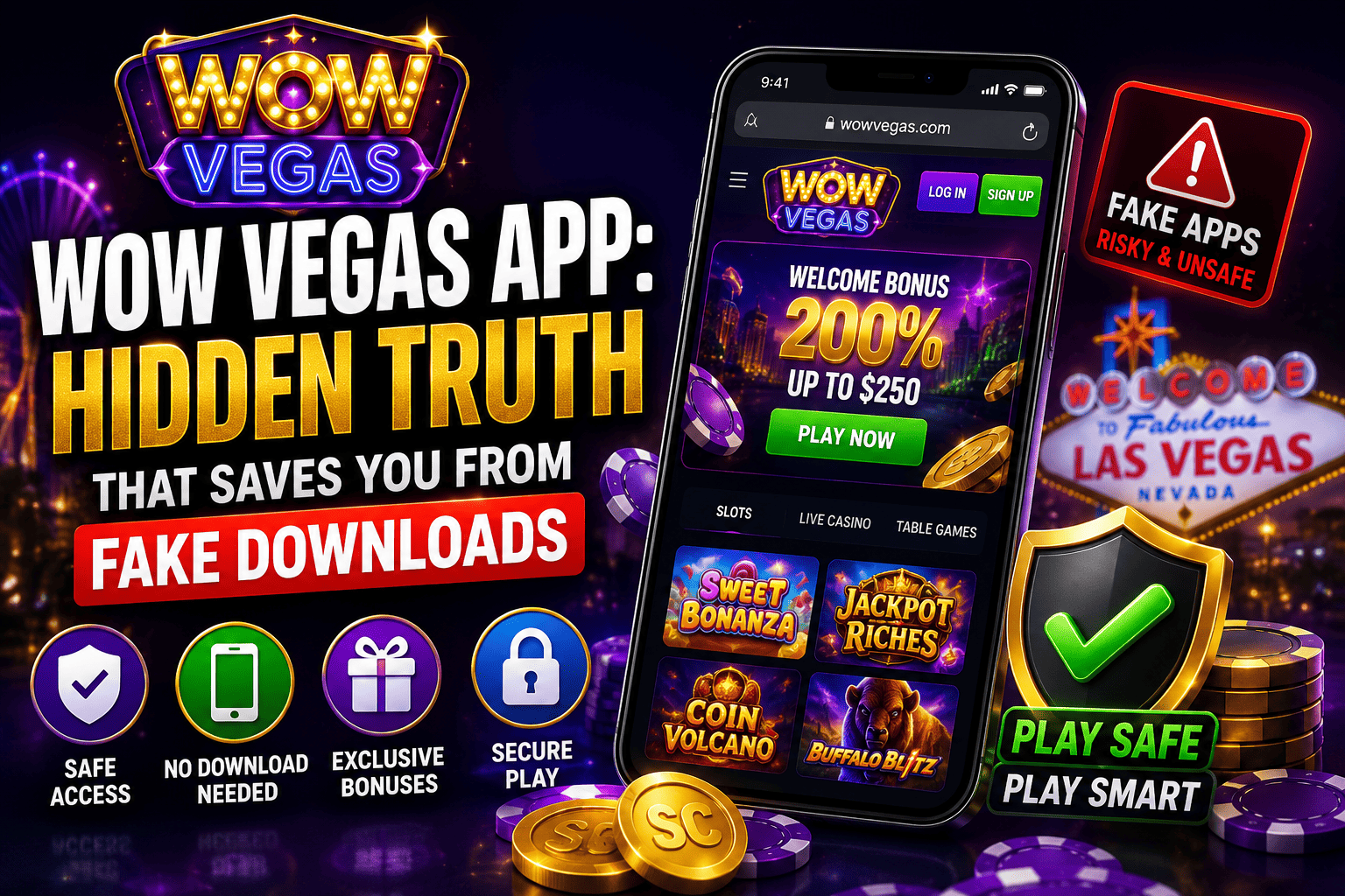 WOW Vegas app mobile guide showing safe browser access, fake download warning, secure play, and bonus features.